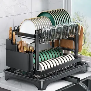 Kitchen Storage Rack Draining Bowl Holder Home Countertop Dual Layer Multi-Functional Utensil Tray Chopstick Knife Cutting Board Cup Organizer Kitchen Storage Shelf Dish Drainer Organizer