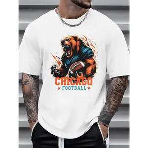 Men'S Chicago Football Bear Graphic T-Shirt - Casual Crew Neck Short Sleeve Tee, Summer Fashion, Vibrant Print, Soft Fabric, Perfect for Sports and Leisure