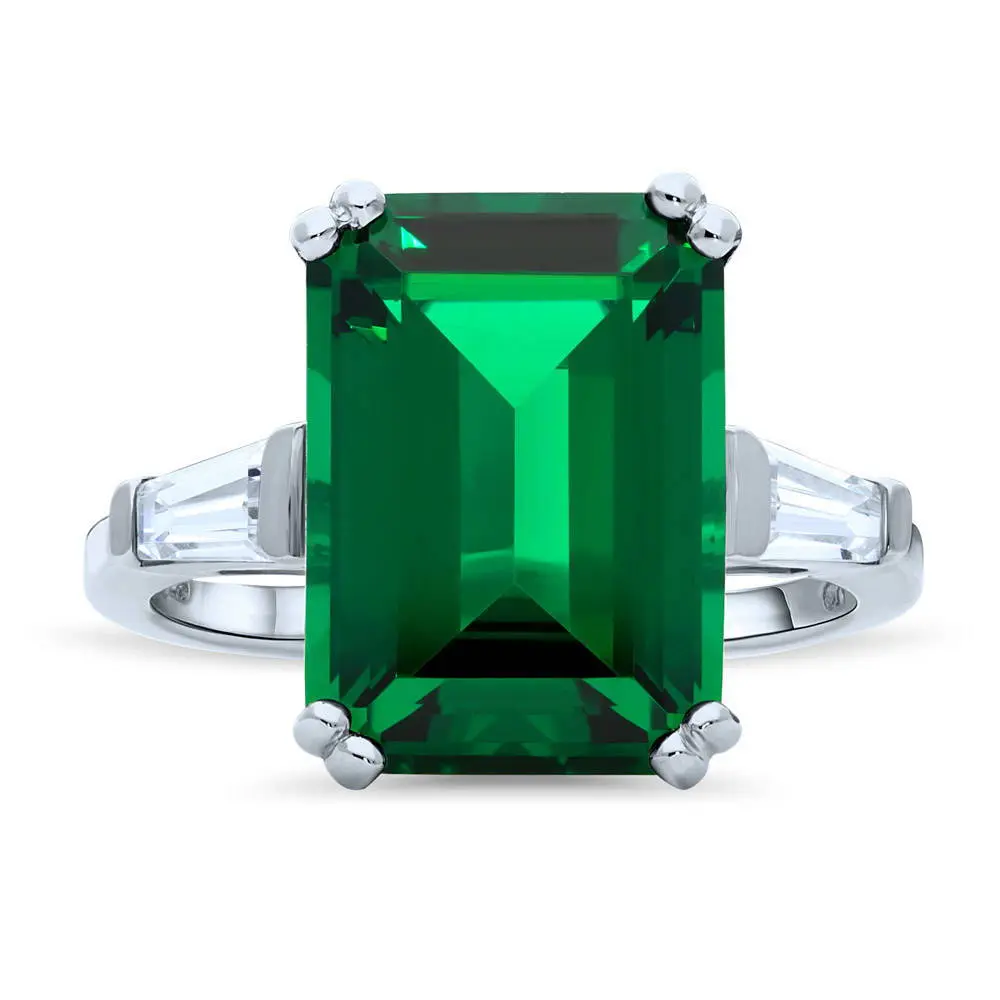 BERRICLE Sterling Silver Solitaire Statement Cocktail Ring for Women, 8.5 Carat Emerald-Green Emerald Cut Cubic Zirconia CZ