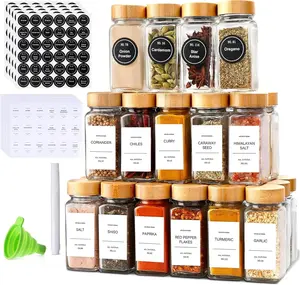 Spice Jars With Labels 24Pcs - Glass Containers With Bamboo Lids - Kitchen Essentials Set, Seasoning Organizer, Rack for Cabinet