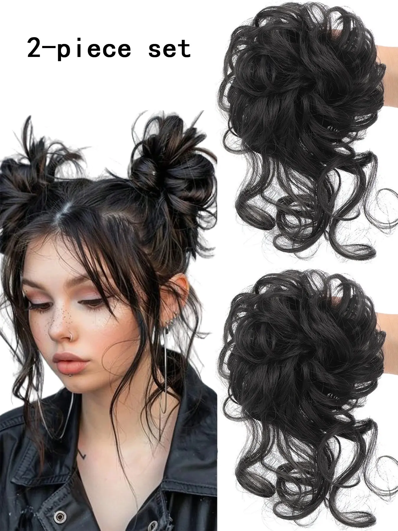 2-piece set Synthetic Curly Wavy messy updo hair bun, scrunchie false hair, braided elastic hairpiece, synthetic curly ponytail for women, Synthetic Extensions, Synthetic Hair Pieces