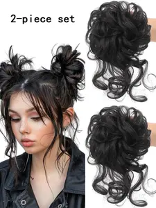 2 Piece Bun Set Messy Updo Bun Hair Loop Fake Hair with Braid Elastic Hair Accessory Tail Ladies Soft Synthetic Hair Synthetic Curly Ponytail Curly Wave Hair Coil Thick Updo Hair Loop Everyday Synthetic Bun Natural Hair Color