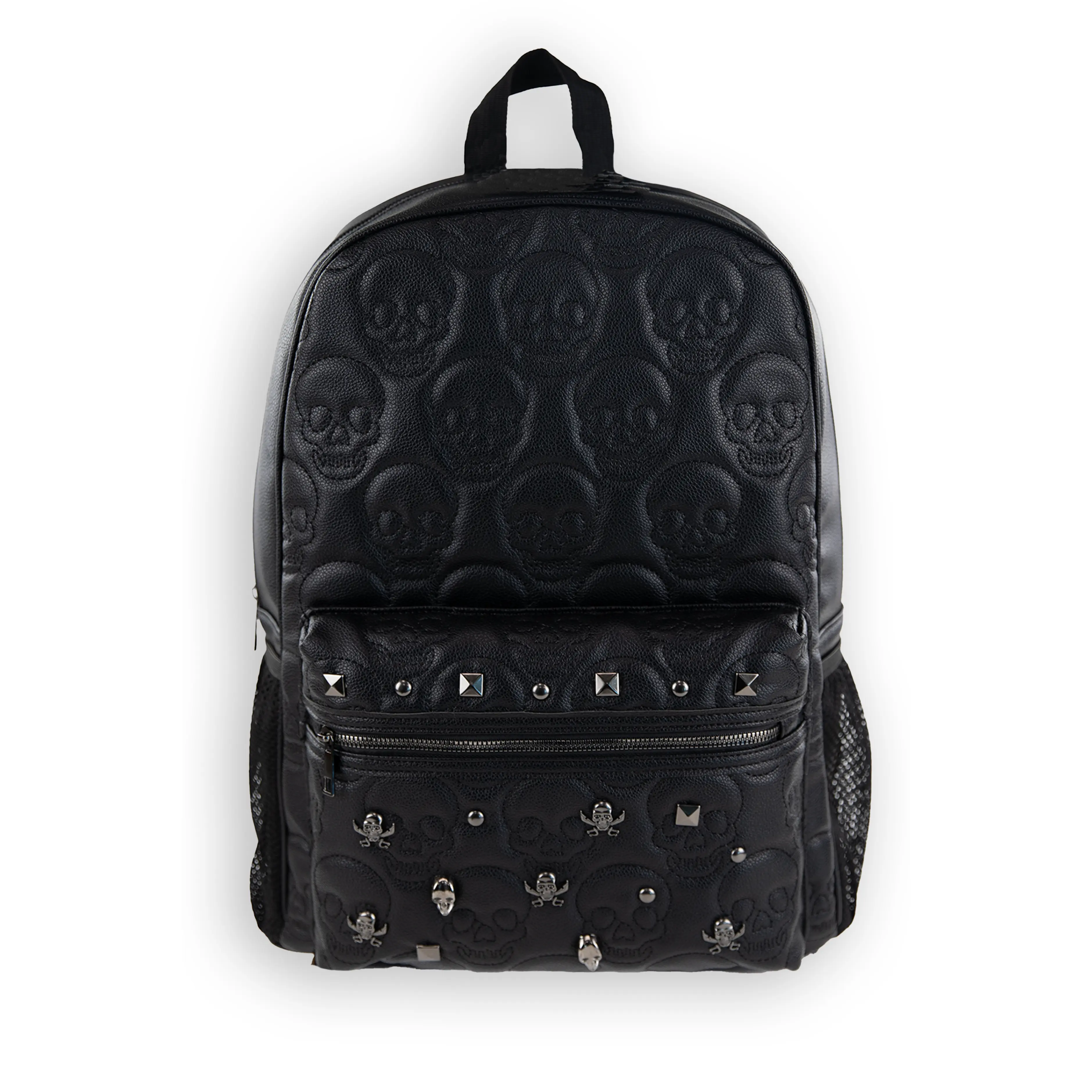 17" Embossed Skull Black Backpack - Studded Accents, Trendy Goth Print Alt-Style Alternative Grunge Backpack for School, Trendy Backpack