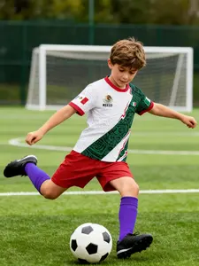 2026 Us Mexico Cup Football Fanwear Kids Set, Aztec Pattern Soccer Jersey & Shorts, Sportswear for All Seasons, Short Sleeves Design, Sport Clothing