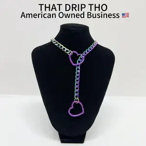 Purple Hearts Slip Chain Necklace, Violet Heart Choker Necklace, Adjustable Cuba Long Chain for Couples, Gf, Bf, Fashion Jewelry for Alternative Women & Men, Goth Girl Chain Collar Necklace, Alterfashion Necklace with Pull Chain
