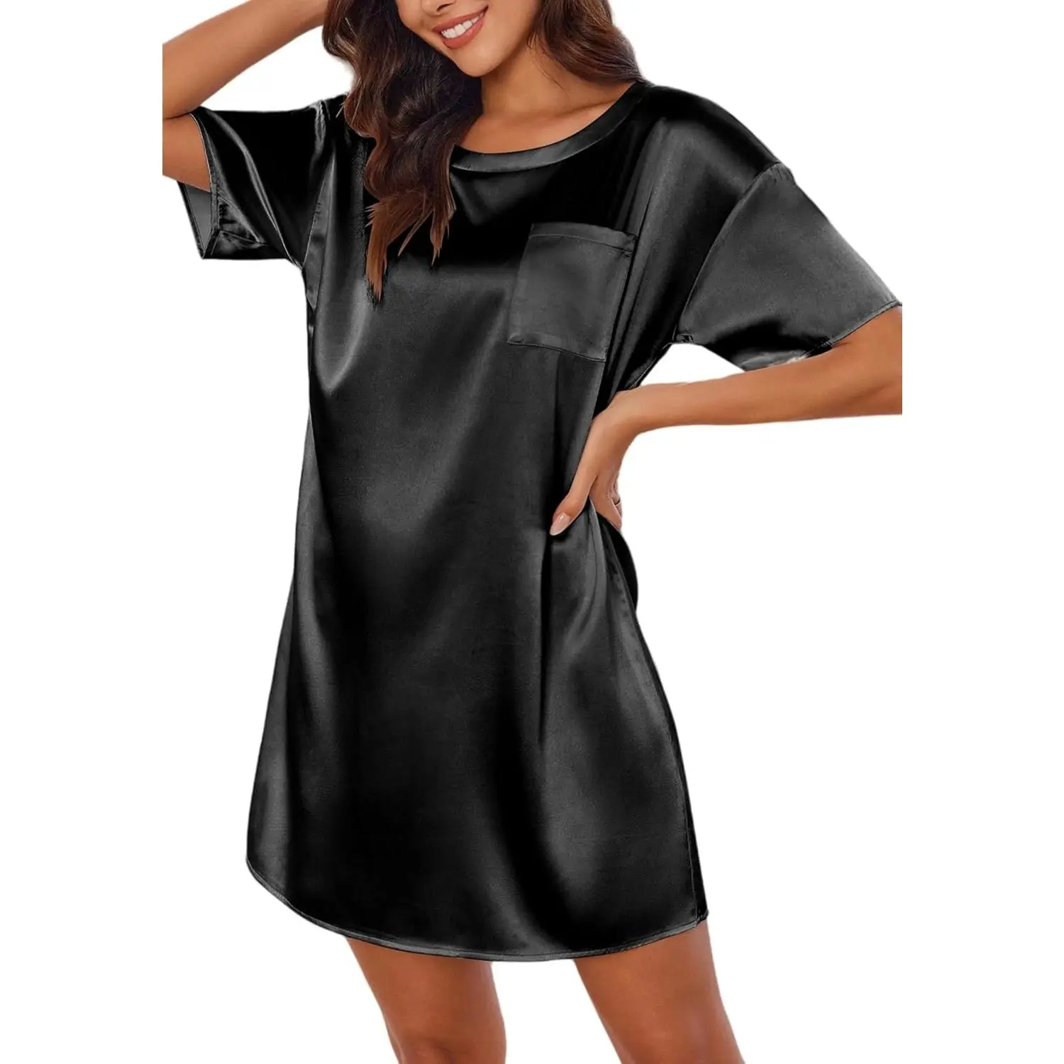 Women's Silk Satin Nightgown, Long Sleeve Button-Down Sleep Shirt Dress for Loungewear with Chest Pocket, 100% Silk Satin Loungewear Dresses, Soft Casual Nightdress, Plain, Basic, With Pocket, Smooth