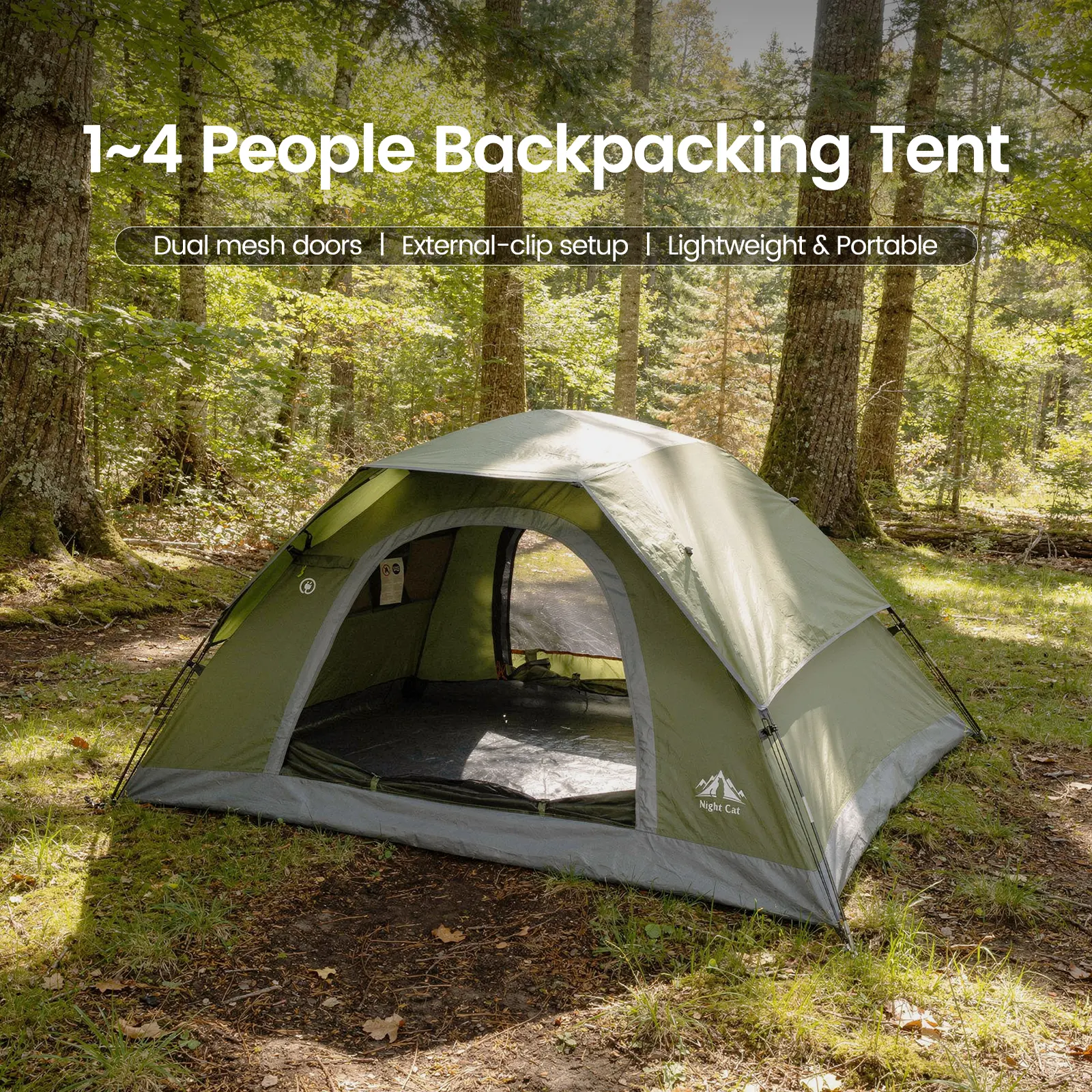 Night Cat Upgraded Camping Tent - 1-4 Person, 1-Min Instant Easy Clip Setup, 3000mm Heavy Rainproof Polyester-Oxford Tent, 20% More Headroom, Foldable, Lightweight & Portable, Roomy Space for Camping Hiking, Tents For Camping