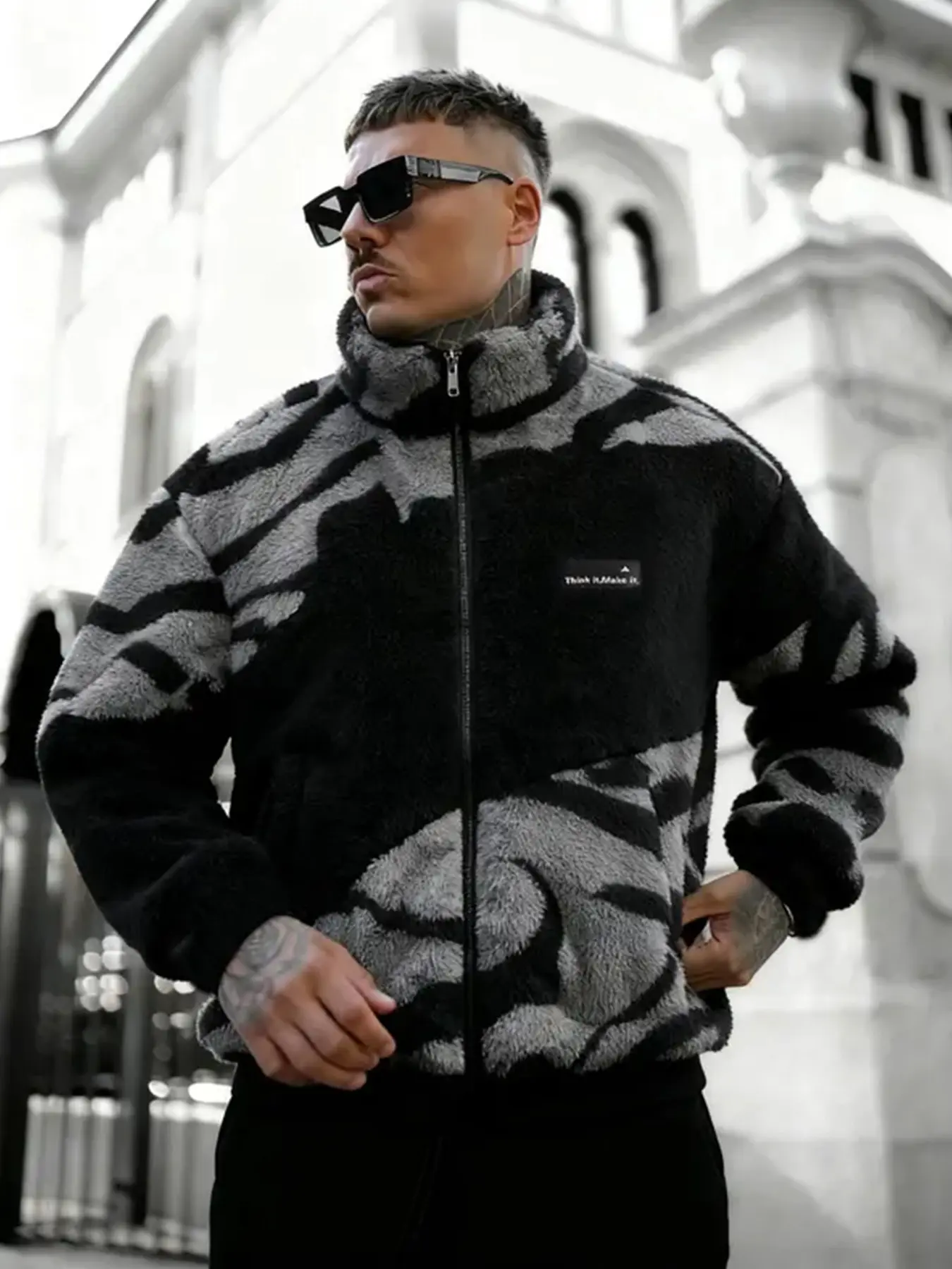 Men's Zipper Camouflage Fleece Short Jacket Coats, Fitted, Casual Daily Wear, Warm Comfort Design, Suitable for Cold Weather, Fashionable Men's Outerwear