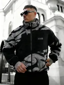 Men's Zipper Camouflage Fleece Short Jacket Coats, Fitted, Casual Daily Wear, Warm Comfort Design, Suitable for Cold Weather, Fashionable Men's Outerwear