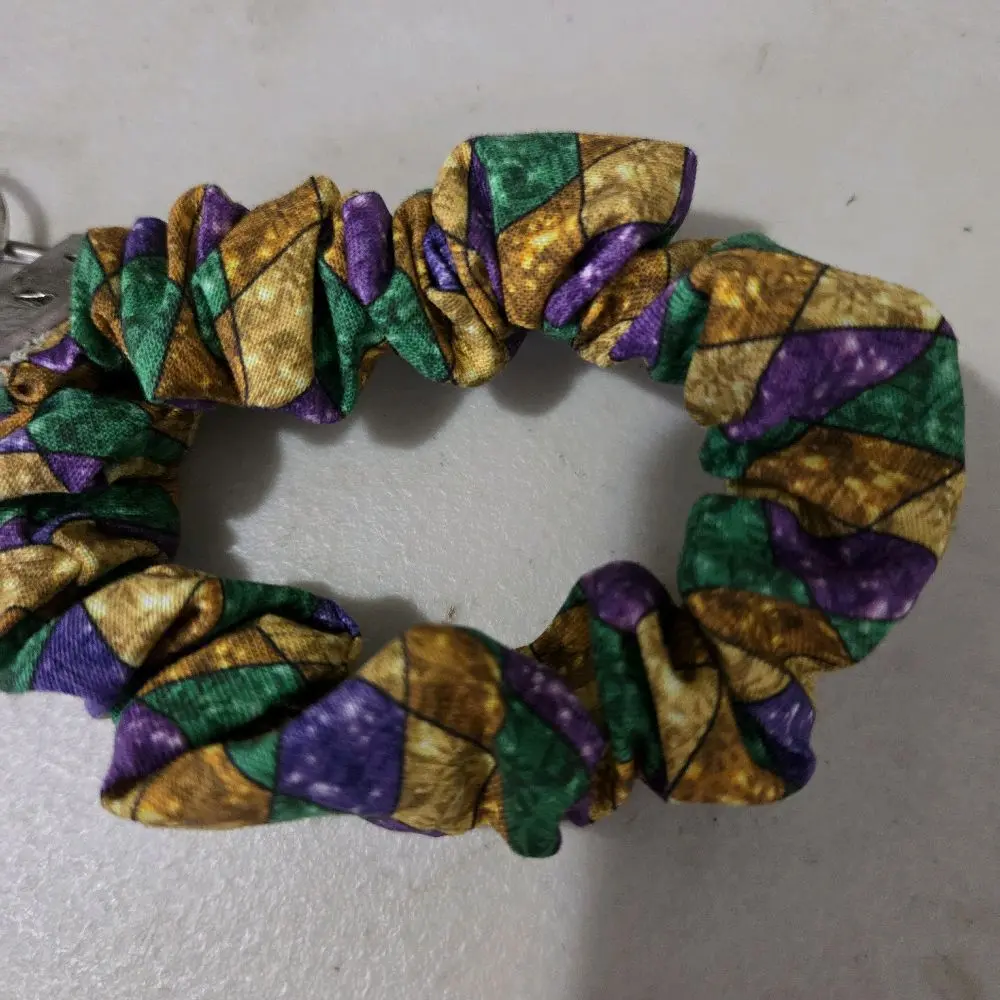 Scrunchie Keychain Wristlet, Glamorous Geometric Diamond Fabric in Mardi Gras Colors, Versatile Key Fob with Secure Clasp in Purple, Green, and Yellow, Complements Bold Outfit, Durable
