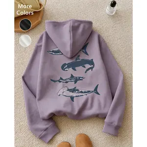 Women's Wool Aesthetic Hoodie, Loose Long-Sleeve Pullover for Autumn and Winter, Shark Print Casual Daily Wear, Unisex Fashion Top