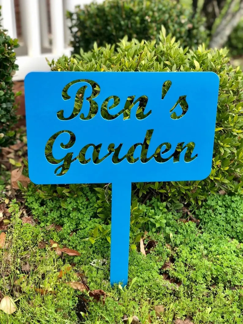 Ben's Garden Custom Garden Sign, Personalized Outdoor Sign with Blue Design, Garden Stake & Metal Yard Art