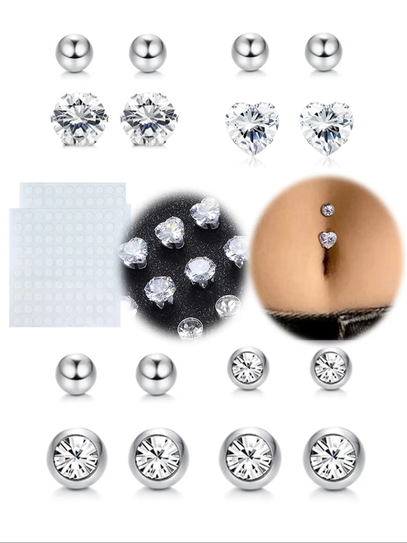Shiny Cubic Zirconia Stick-On Belly Button Rings, Sparkling Zircon Inlay, Non-Piercing Fashion Body Jewelry for Women & Girls, Perfect Birthday Gift Idea, Body Jewellery