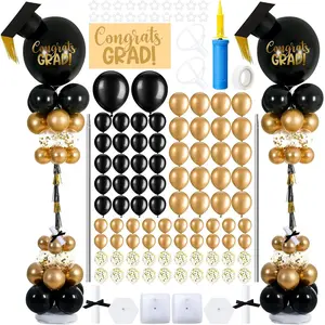 Graduation Balloon Column Stand Kit 6.6ft Balloon Column Kit Grad Cap Balloon and Black Gold Sliver Balloon Stand Kit with Base for 2026 Graduation