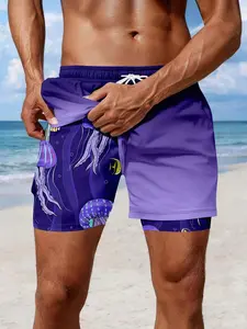 Summer New Arrival Ocean Style Gradient Beach Shorts, Jellyfish Print Dual Layer Gym Shorts, Casual Slim-Fitting Shorts
