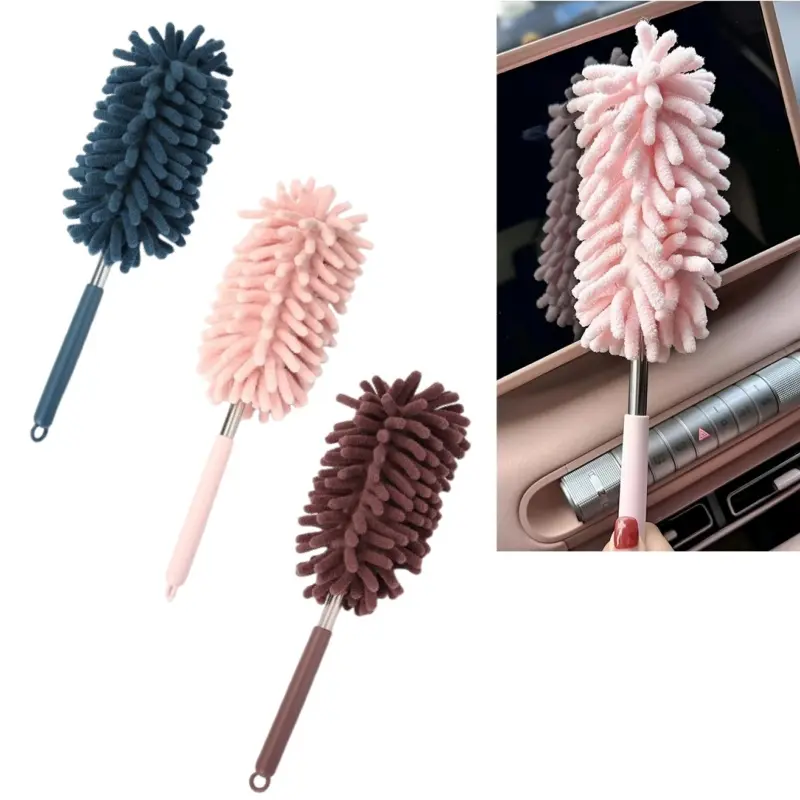 3-Piece Soft Retractable Dust Cleaner Brush Set - Dusters for Cleaning, 11.8in-30in Extendable Anti-Static Dustremoval Tool, Adjustable, Multifunctional, Bendable, Detachable Reusable Cloth for Car Interiors, TV Screens
