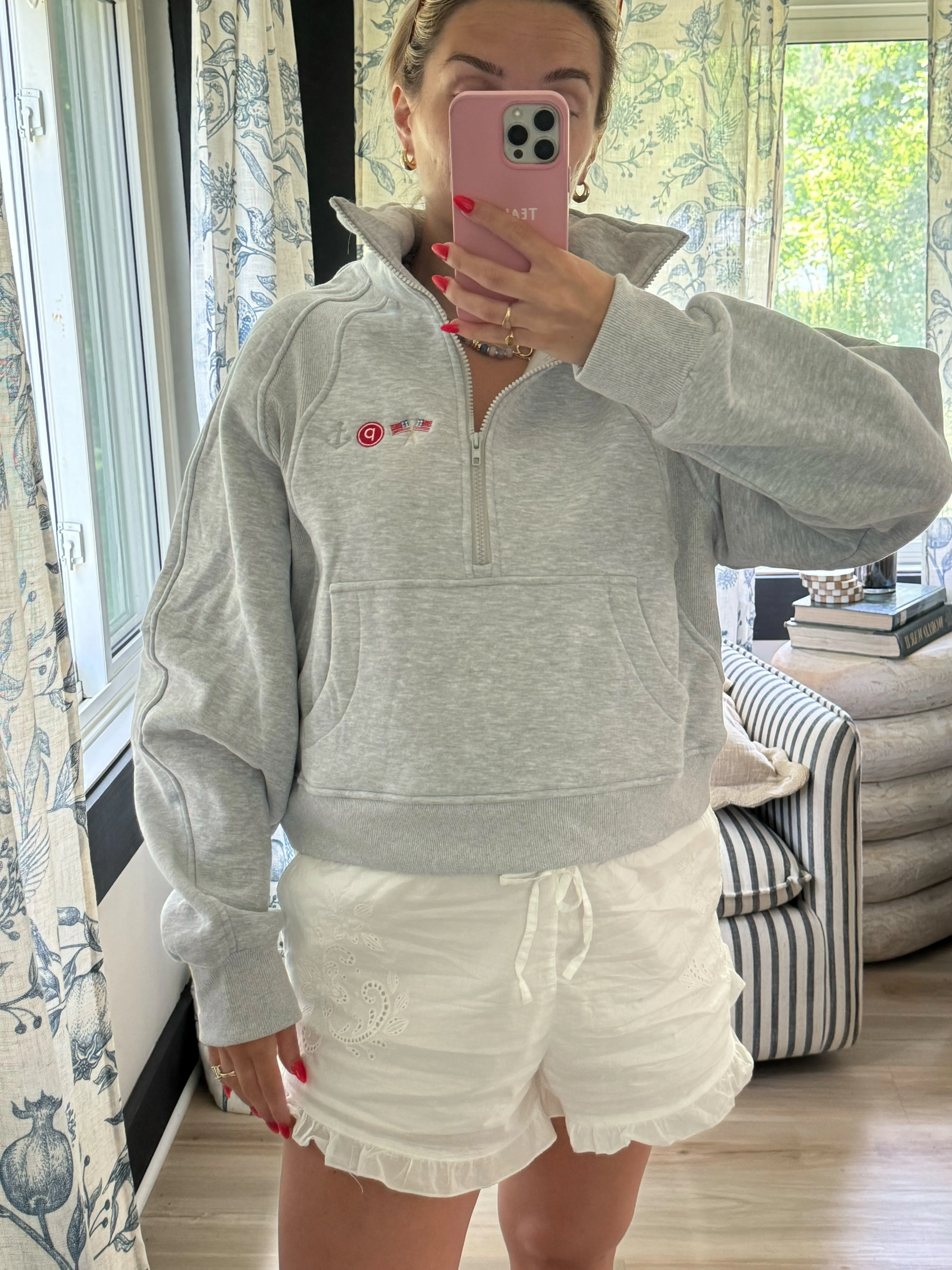 Pure Barre Americana Quarter Zip Sweatshirt | Gray Fleece Pullover with Embroidered Icons