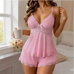 Chic Lace Trim Cami Pajama Set for Women | Sexy Sleeveless Nightwear 2pc Shorts Set | Comfortable Loungewear & Sleepshirt