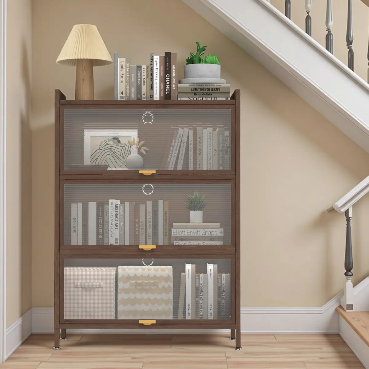 [Bellemave] 44''/57'' Tall Metal Flip Doors Cabinet, with Ample Storage Space for Bedroom, Office, Living Room, Hallway, Entryway, Walnut