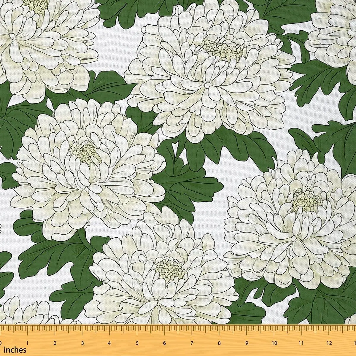 Japanese Chrysanthemum Fabric,Romantic Floral Upholstery Fabric,Leaves Decorative Fabric,Retro Petals Indoor Outdoor Fabric,Botanical DIY Waterproof Fabric,Green White,s