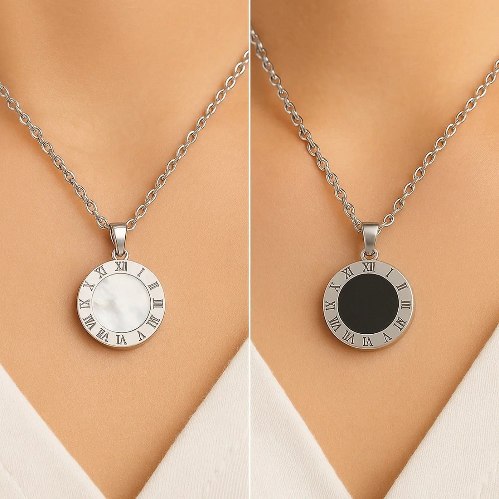 Roman Numeral Reversible pendant Stainless Steel Necklace
