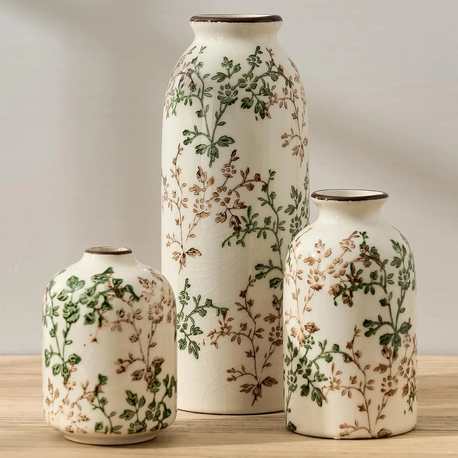 Green and Beige Antique Vase Set of 3, Vintage Chinoiserie Floral Vase, Rustic Ceramic Vase for Home Decor, Living Room, Bookshelf, Office, Entryway, Garden, Chinoiserie Decor, Tuscan Decor