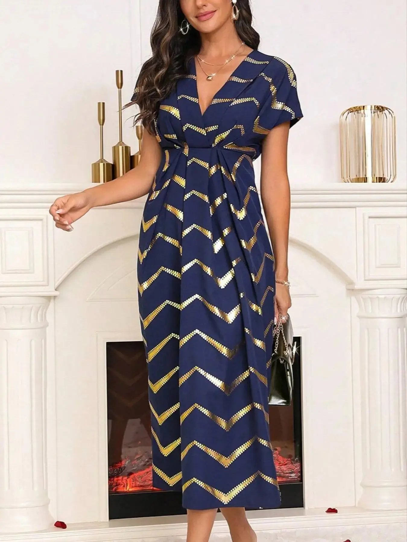 Women Chevron Print Batwing Sleeve V Neck A Line Dress Elegant Short Sleeve Midi Dress for Daily Outdoor Wear Ladies Clothes All Seasons Casual Flowy Beach Vacation