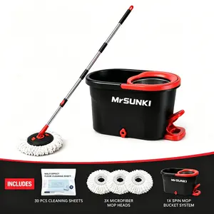 Mrsunki Spin Mop Set with Foot Pedal Professional Mopping System – 360° Swivel Cleaning System – Includes 3 Washable Pads & 30 Floor Cleaning Tablets – Extendable Handle Bucket