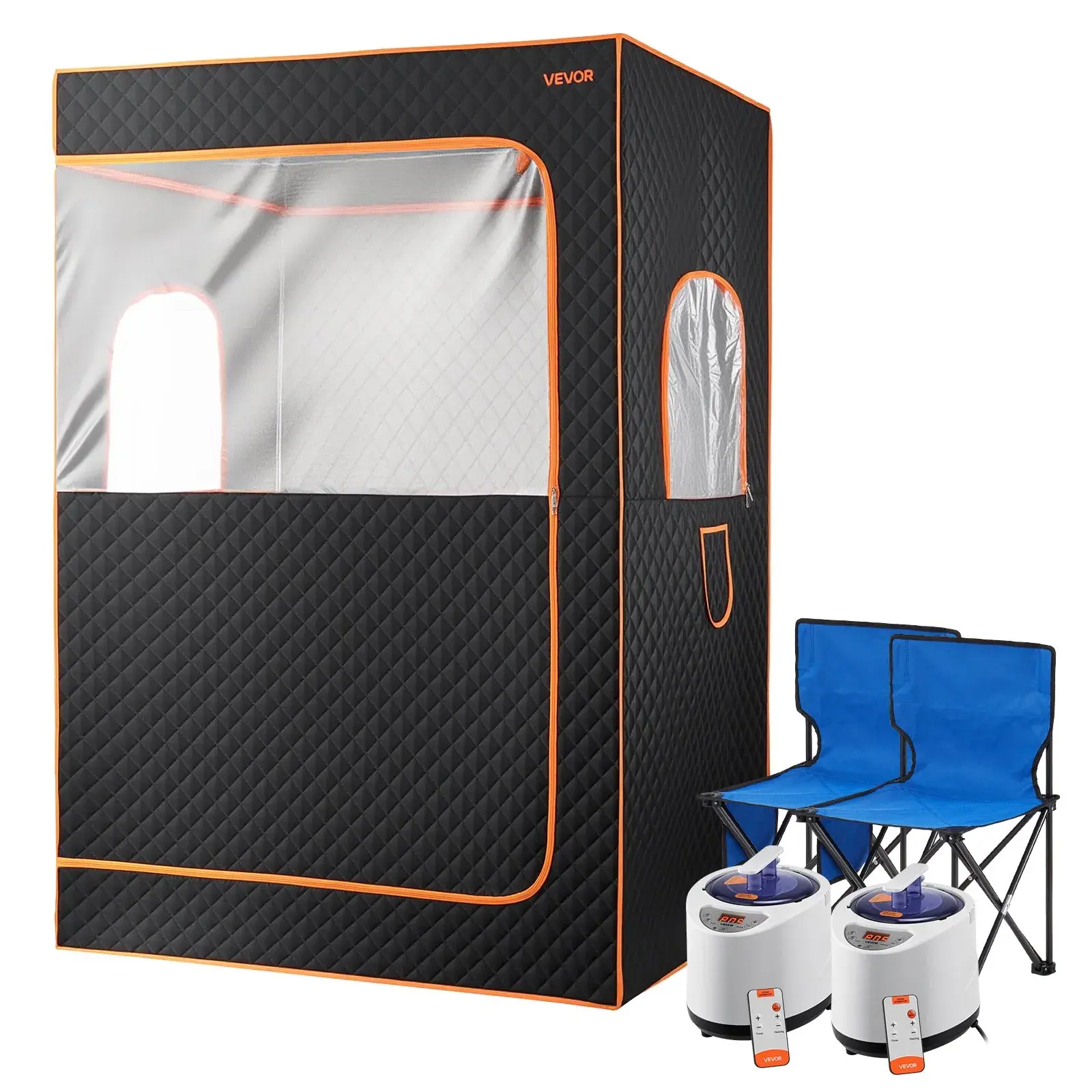 【Summerfinds】VEVOR Upgraded Portable Steam Sauna for Home,2 Person Full Body Home Spa Tent with Steamer & 2 Foldable Chairs & Remote & 2 Essential Oil Boxes,Heavy-Duty Stainless Steel Frame Sauna Box(Black), Heat Trapping Sauna,campingessentials,outdoo