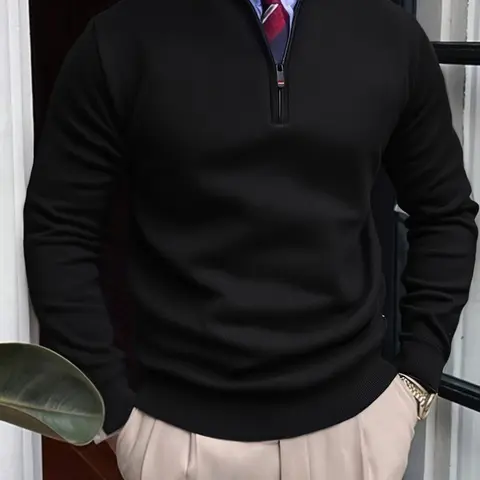 Men's Winter New Half-Zip Stand Collar Fleece Lined Sweater Knitwear Tops, Soft Warm Knitted Fitted Pullover, Casual Cozy Plain Long Sleeve, Comfortable Daily Wear, Polyester, Casual Comfy Pullover