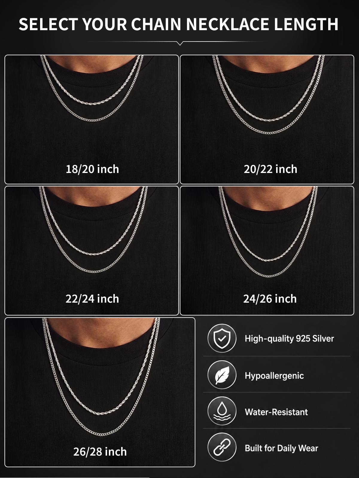 Tewiky Men's 2-Piece 3mm Layered Cuban Link & Rope Chain Necklaces Set, 18-28in Silver Trendy Summer Vibes Jewelry, 2 piece sets for Boyfriend Anniversary & Birthday Gifting, Gifts For Boyfriend, Birthday Gifts For Bf, Stylish Accessories, Guys Gifts, Uni