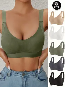 5pcs Women's Seamless Wireless Bras V-Neck Full Coverage Back Smoothing High Stretch Breathable Adjustable Straps Removable Pads Light Support Comfortable Everyday Bras for Yoga Daily Wear