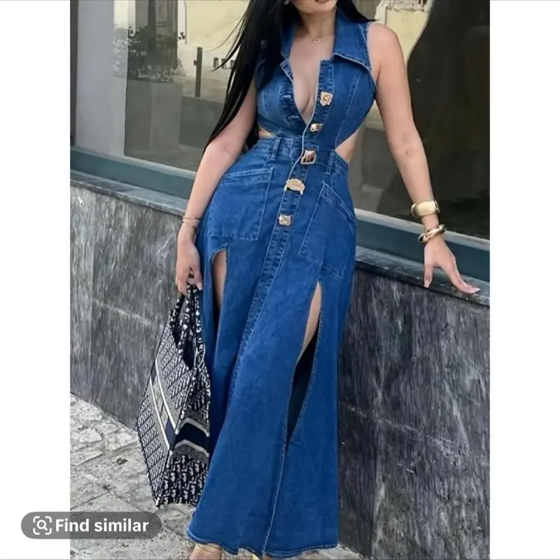 Women's Denim  Casual Spring/Summer Outfit with Button Detail and Front Pocket - Womenswear
