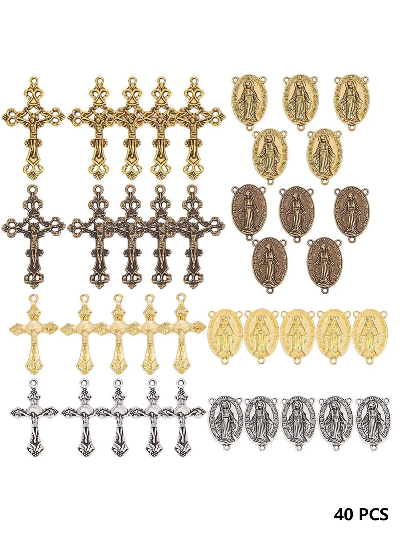 40pcs Rosary Cross Pendant Set, Vintage Design Easter Theme Crucifix Pendants, Oval Lamp Chain Links, Beaded Necklace Connectors, Diy Jewelry Accessories, Diy Jewelry Making