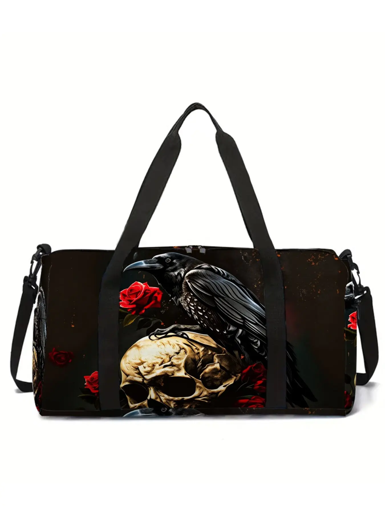 Crow Skull & Red Rose Pattern Print Large-Capacity Travel Duffel Bag, Portable Handheld Storage Bag Duffle Bags, Bag for Travel