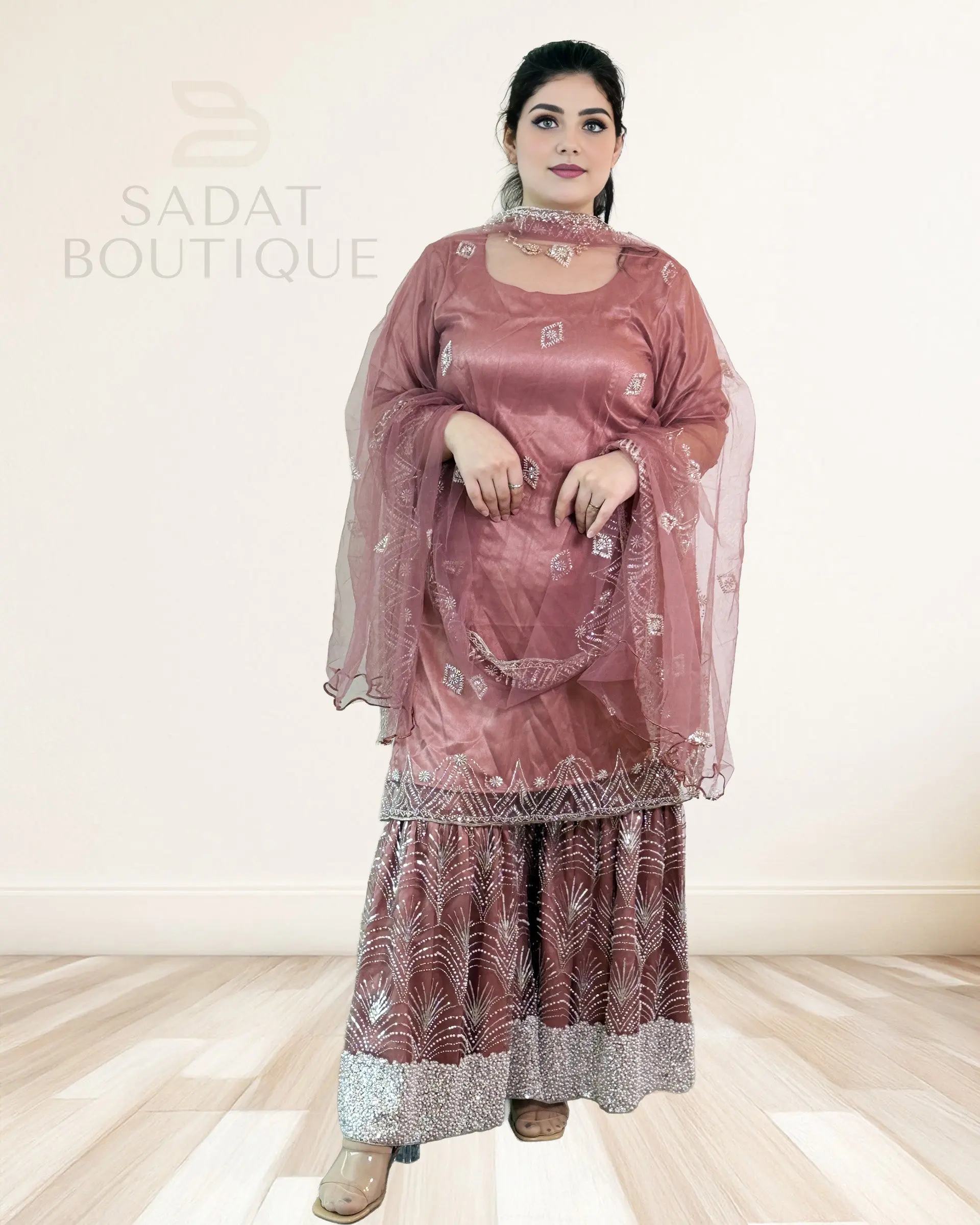 Women's Silky Rose Mauve Embroidered Sequin Silver 3-Piece Flared Sharara Suit Clothes