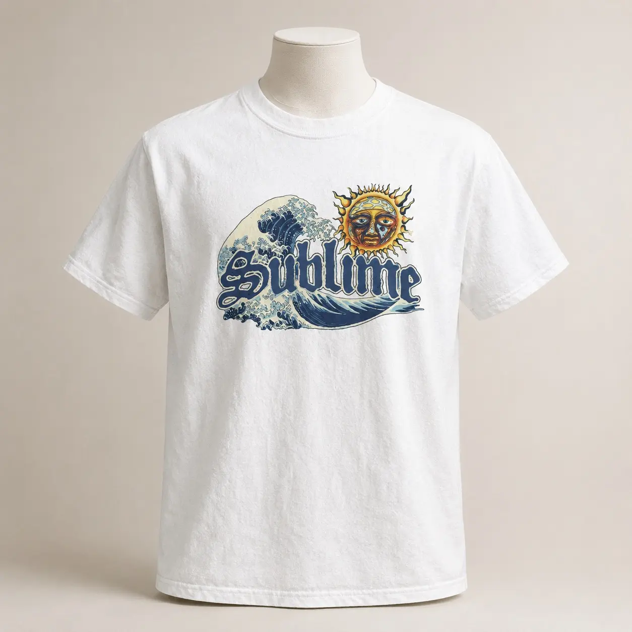 Licensed Sublime Sun and Wave T-Shirt, White Retro Band Graphic Tee, Beach Music Gift for Men and Women