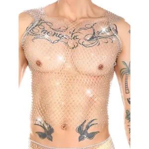 Kaei&Shi Rhinestone Mens Tank Tops Sheer Mesh See Through Fishnet Sparkly Rave Outfit Festival Crop Men Shirt Sexy Club Party