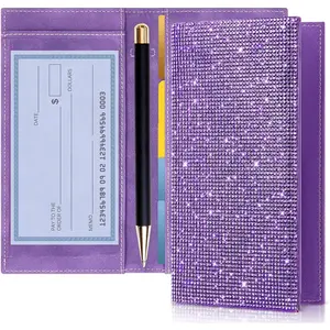Checkbook Covers for Women Glitter Personal Checkbook with Duplicate Check Gift for Mother's Day Bling Rhinestone Sparkly Purple Rfid Blocking PU Leather Register Wallet with Pen Insert and Divider