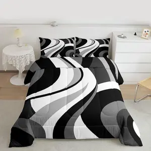 Gray Black White Spiral Comforter Set for Adult Women Men Modern Swirls Stripes Abstract Bedding Set for Minimalists Boho Aesthetic Geometric Bed Set,Graffiti Art Lines Quilt Sets