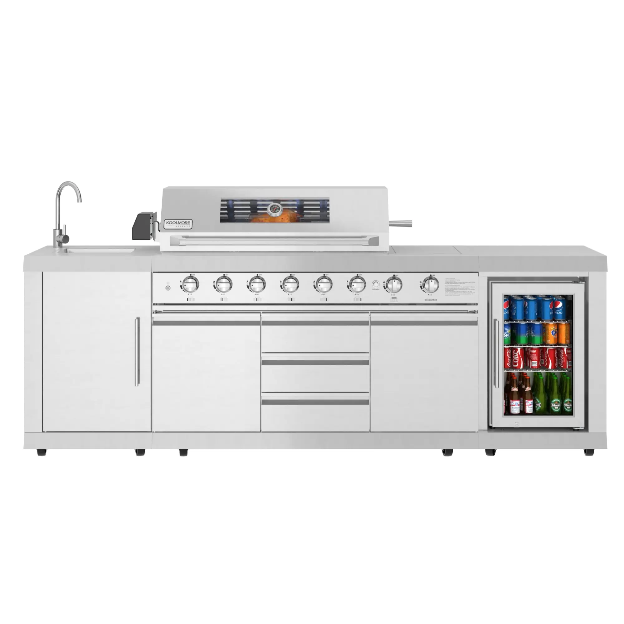 KoolMore Reserve Stainless-Steel Outdoor Kitchen Island (KM-OKS-BQHUB) - 6-Burner Grill, Side Burner, Sink, Adjustable Storage Cabinet, Waterproof Beverage Refrigerator, Glass Window, LED Lighting, 21-Gauge Thickness
