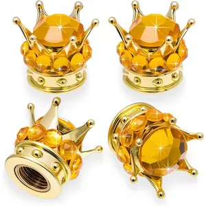 4PCS Crown Bling Tire Stem Valve Caps, Crystal Diamond Car Wheel Tire Valve Caps Universal Copper Core Stem Covers for Cars, SUV, Trucks, Bikes, Motorcycles, Bicycles (Gold)