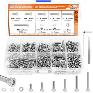 500 count M3 x 6mm /8mm /10mm /12mm /16mm /20mm, Hex Socket  Cap Metric Screws  Washers Nuts Kit, 304 Stainless Steel