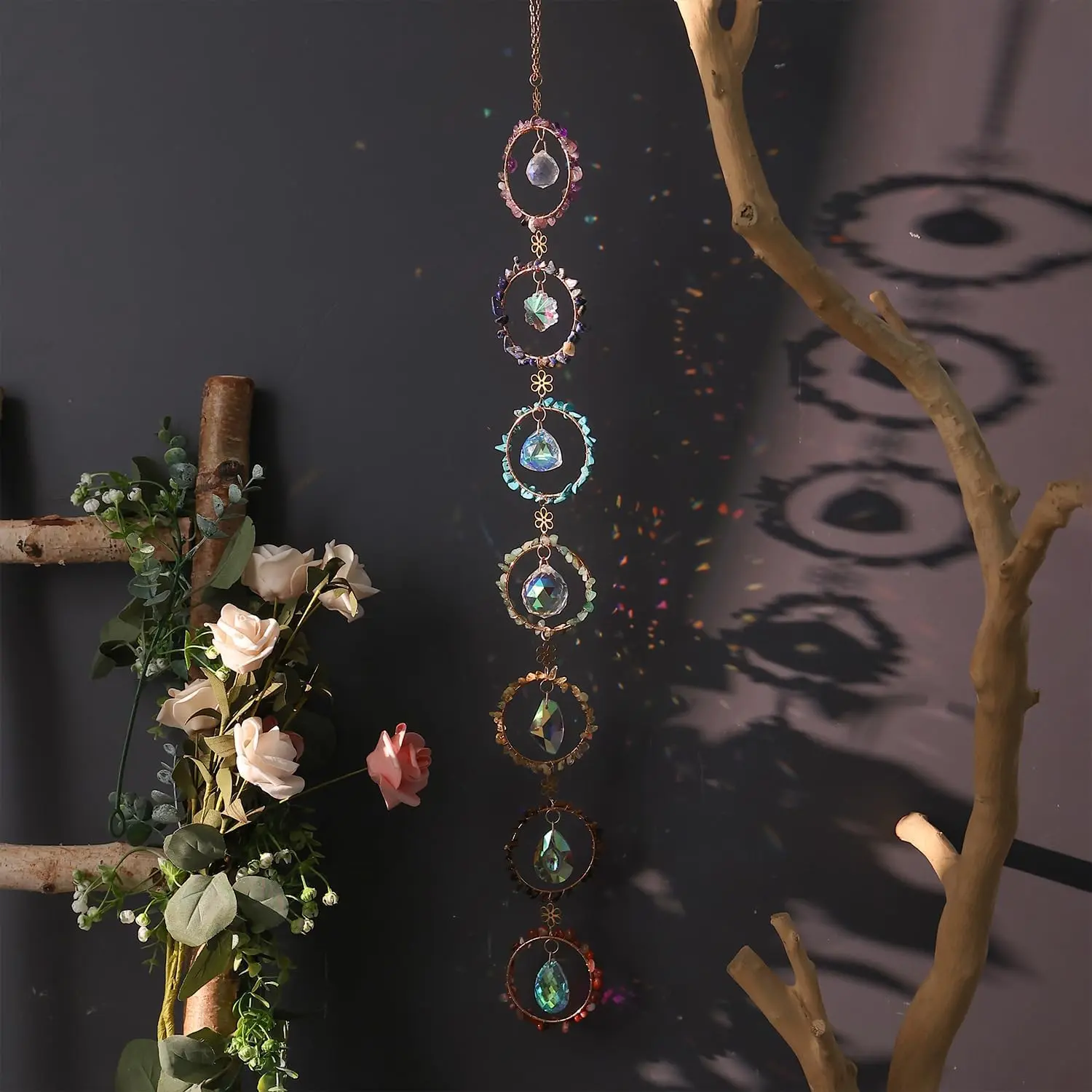 7 Chakra   Hanging Ornament,Handmade Chakra Stones Sun Catcher Natrual  Window Wall Hanging Ornaments for Home Decor Yoga Meditation(Colorful Circle+)