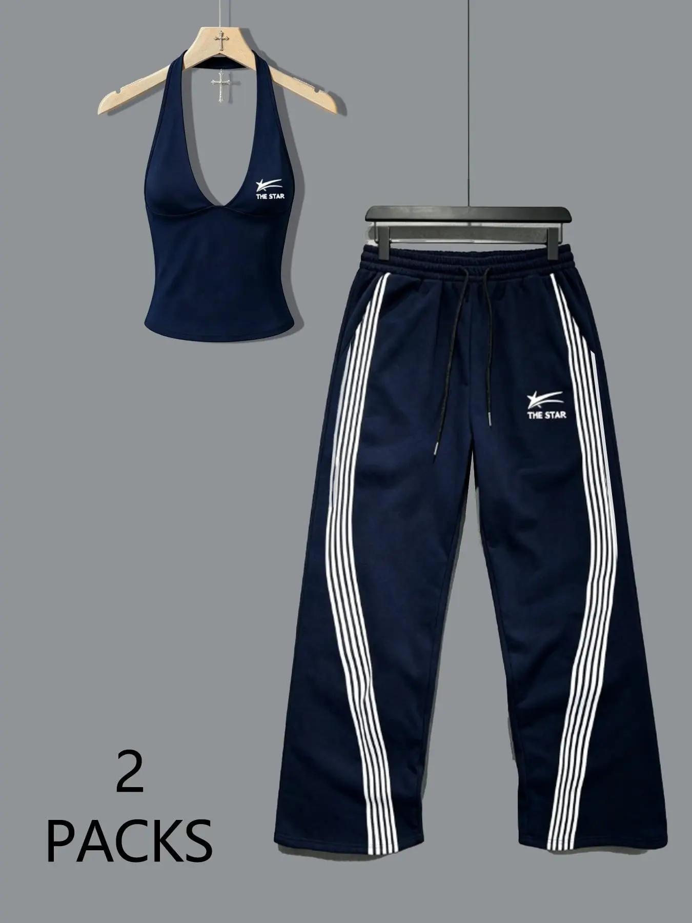 Women's 2-Piece Sporty Casual Set, Retro Y2K Style, Deep V Backless Top, High-Waisted Wide Leg Pants, All Seasons Fashion