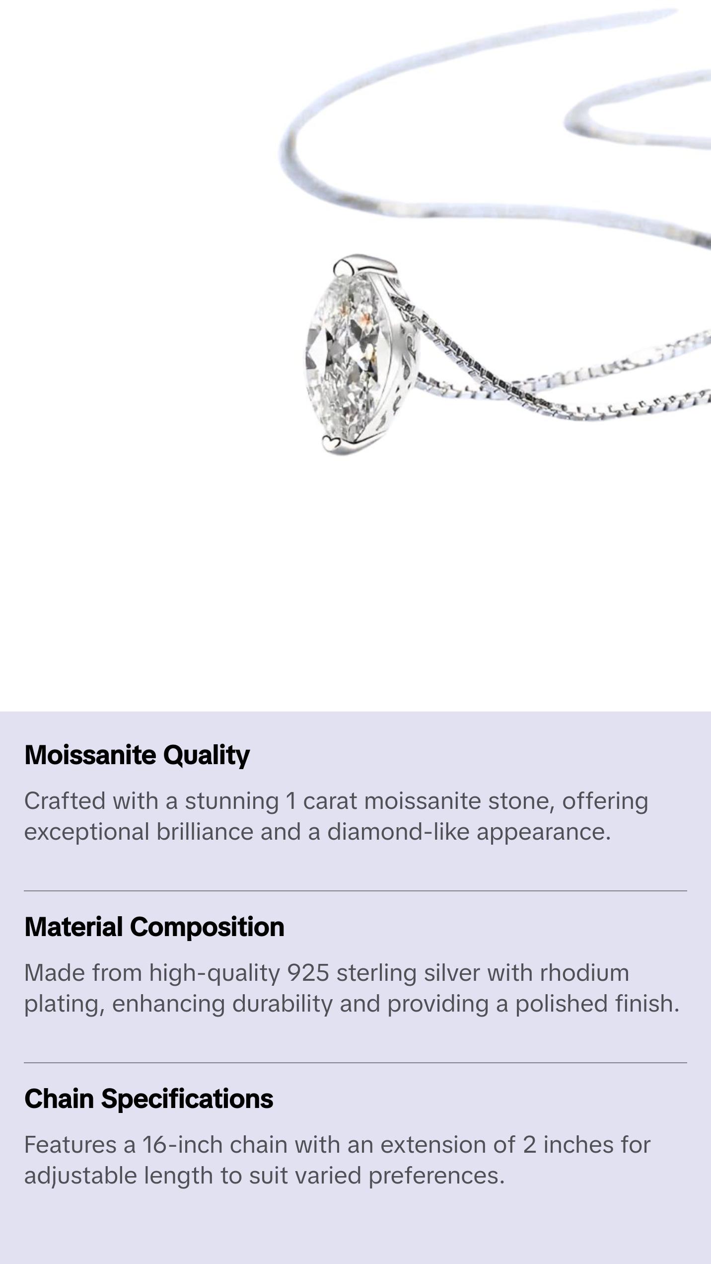 Classic choice, 1 Carat Moissanite 925 Sterling Silver Marquise Pendant Necklace