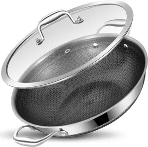 13 Inch  Hybrid Tri-Ply Stainless Steel Wok Pan with Lid,Ceramic Non Stick Stir-Fry Pans,Induction Cooking Pot,Dishwasher and Oven Safe