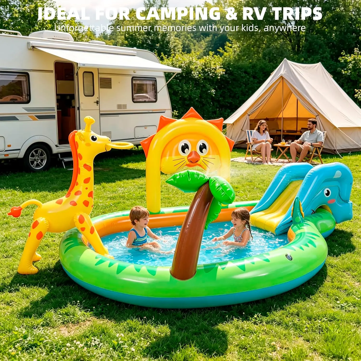 SULIFEEL 2026 Inflatable Jungle Kids Play Center 100" Blow Up Kiddie Splash Pad With Water Slide Sprinkler For Backyard Garden Ages 2+