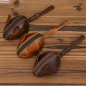 Unisex Crazy Horse Leather Card Holder & Coin Purse | Genuine Cowhide Mini Wallet, Cute Mouse Animal Design, Zipper Closure Slim Card Case, Durable Lightweight EDC Pocket Wallet for Daily Casual Use