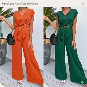 TFNOSIZE Women's 2025 Summer 2-Piece Polyester Basic Outfit Set - Cap-Sleeve V-Neck Belted Crop Top, Lightweight Loose Wide-Leg Pants, Comfortable Breathable Drape Casual Tracksuit for Teachers, Chic Blue